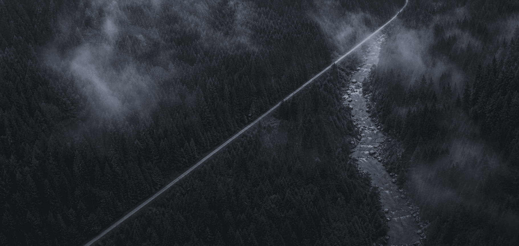 A misted forest crossed by a precise road and river